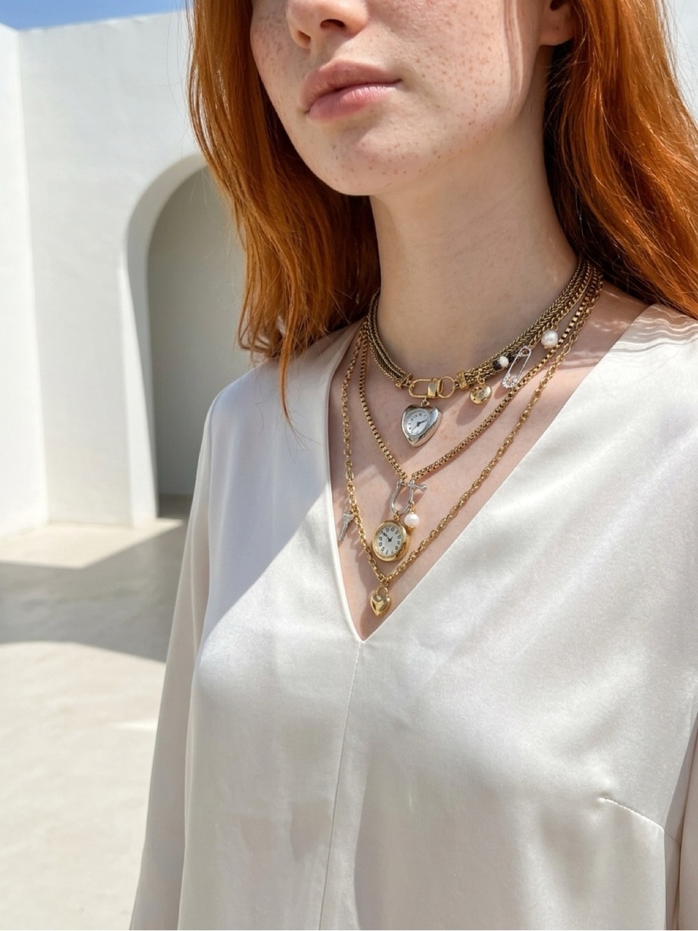 Gold Layered Heart & Pearl Charm Necklace - Women Jewelry